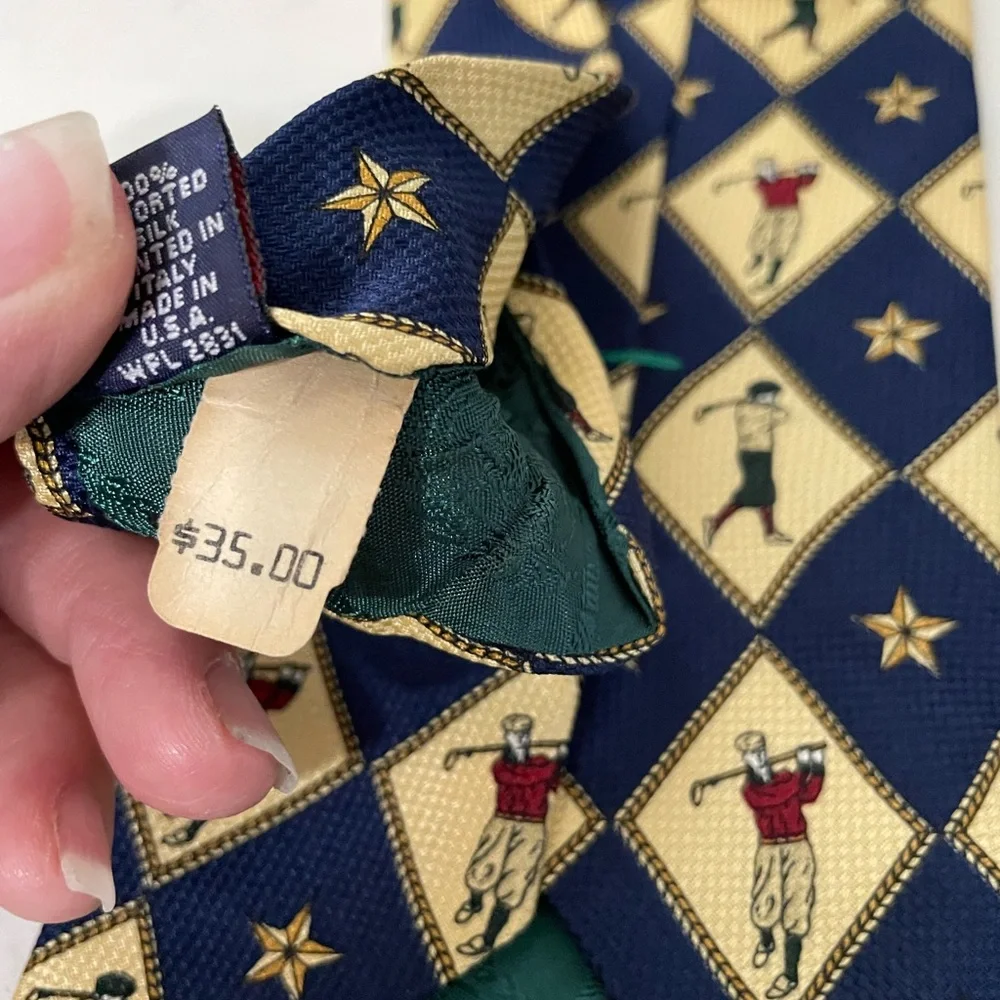 Tommy Hilfiger beige Navy blue Diamond Golfers Print 100% Silk Tie made in USA